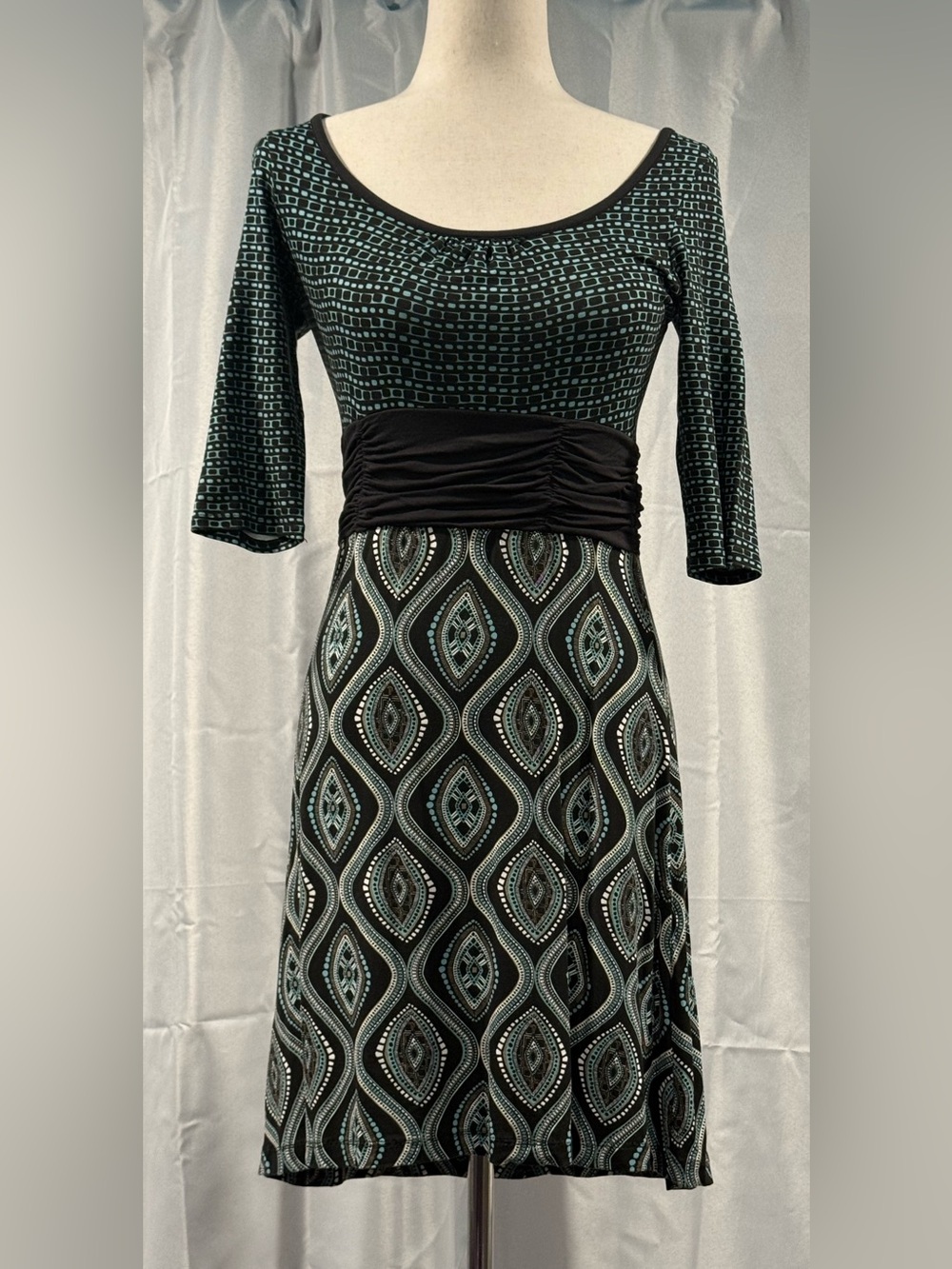 Athleta Black Dress with Teal Geometric Print and Ruched Waist